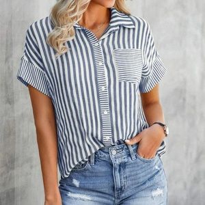 New striped button down short sleeve top